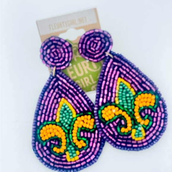 Mardi Gras Beaded , Tear Drop Earrings - Picture 2 of 3